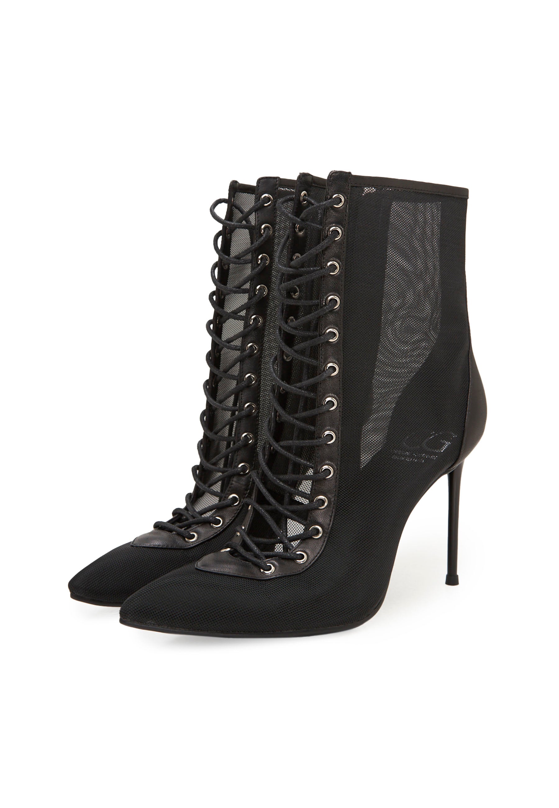 Sheer Lace-Up Stiletto Ankle Boots – Black