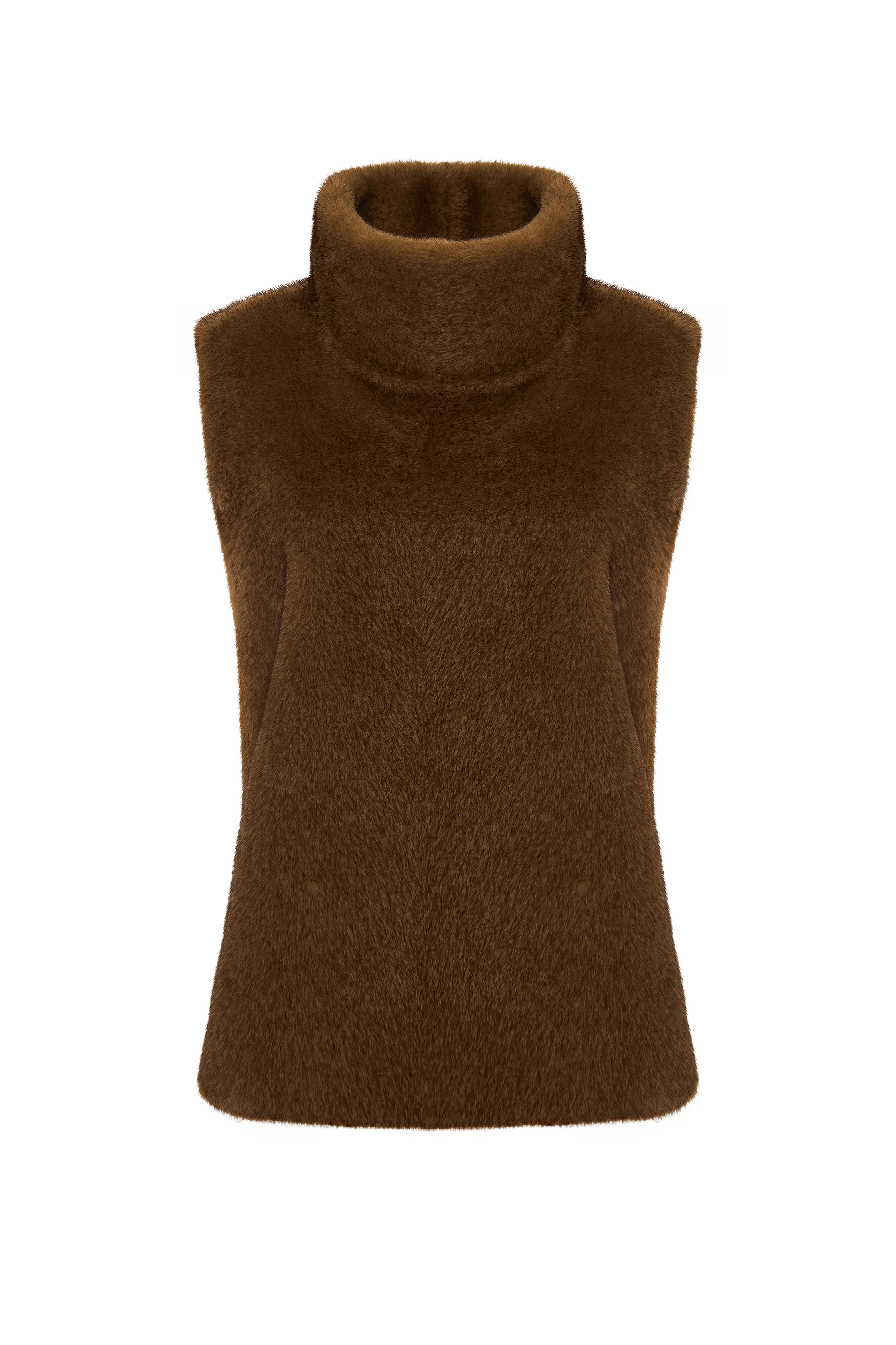 Faux Fur Sleeveless Sculpted Top with Collar – Light Brown