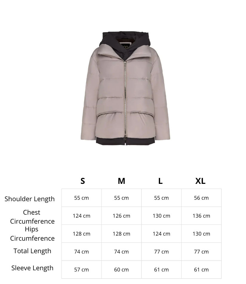 A stylish beige hooded puffer jacket, perfect for winter, women's outerwear that is both fashionable and warm.