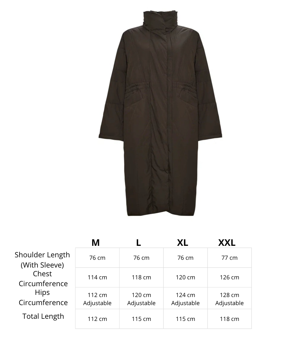 A fashionable long quilted coat in brown, the perfect women's outerwear for winter.