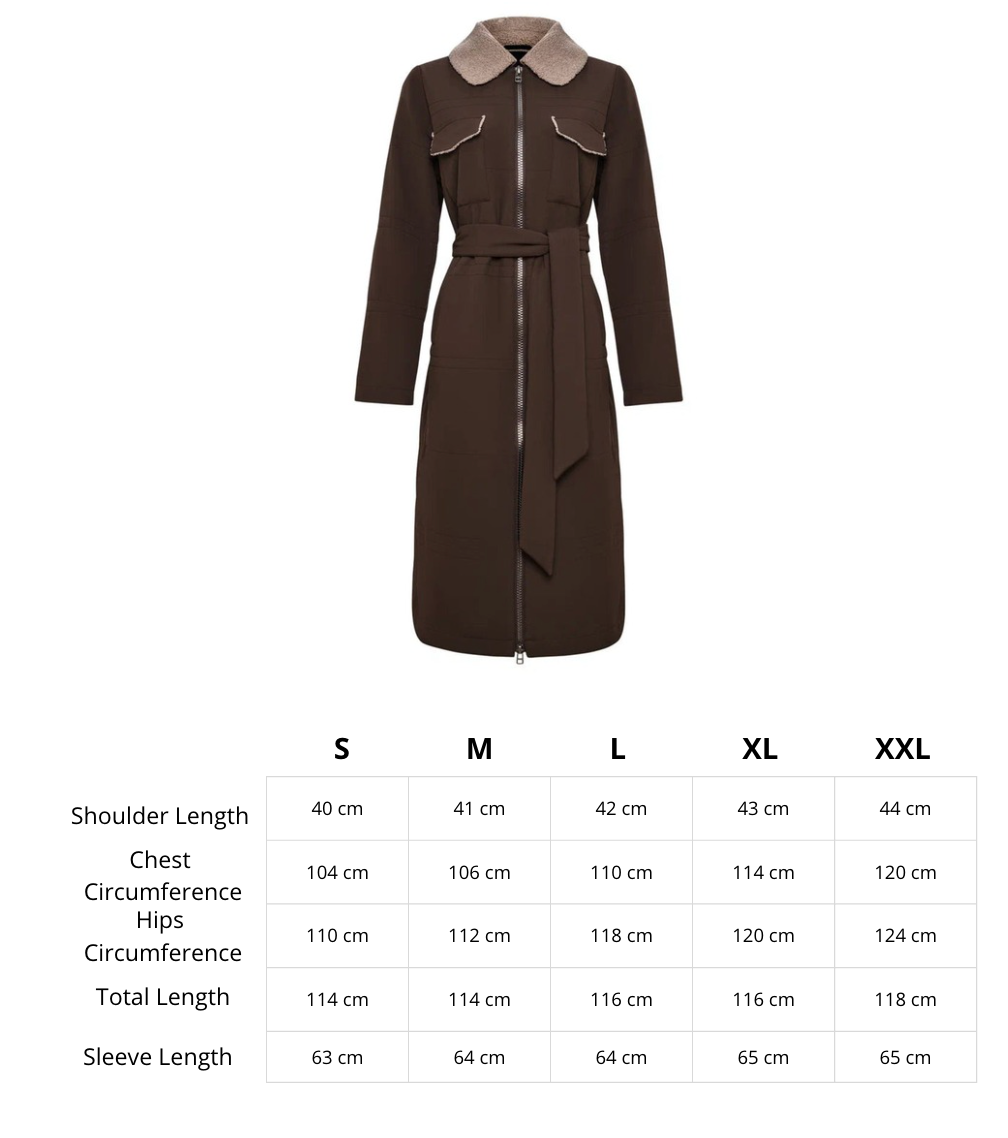 Stay warm and stylish this winter with a trendy long coat featuring a shearling collar and belt, a must-have for your cold-weather wardrobe.