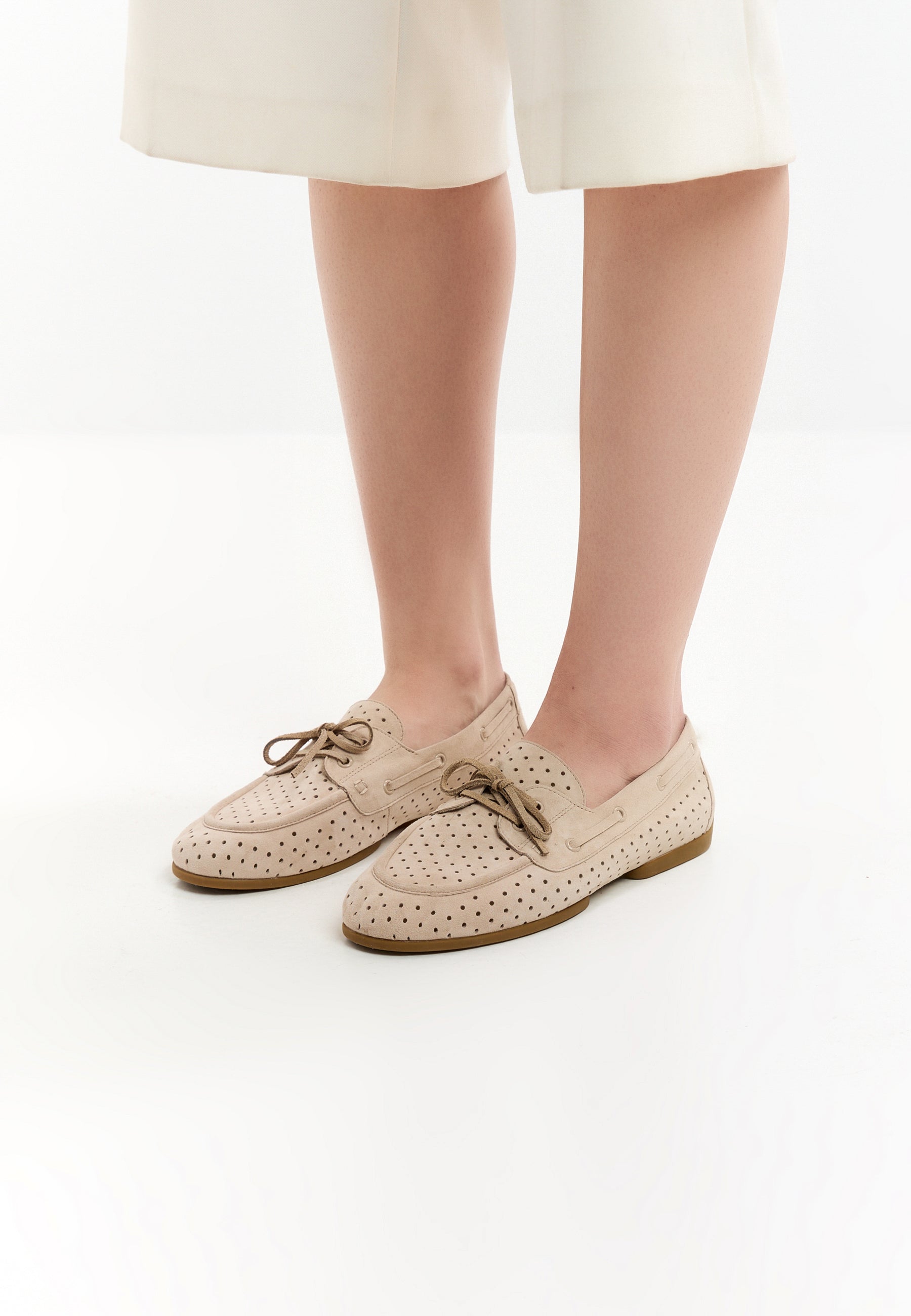 Perforated Suede Drive Loafers – Beige