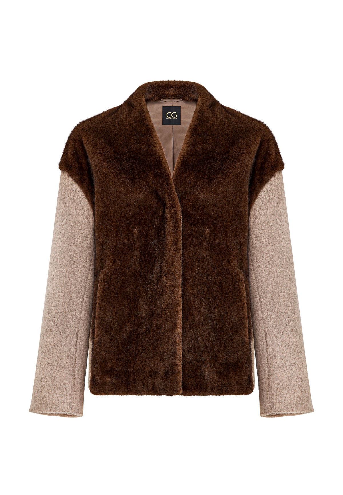 Chaqueta bicolor de piel sintética con cinturón – Marrón