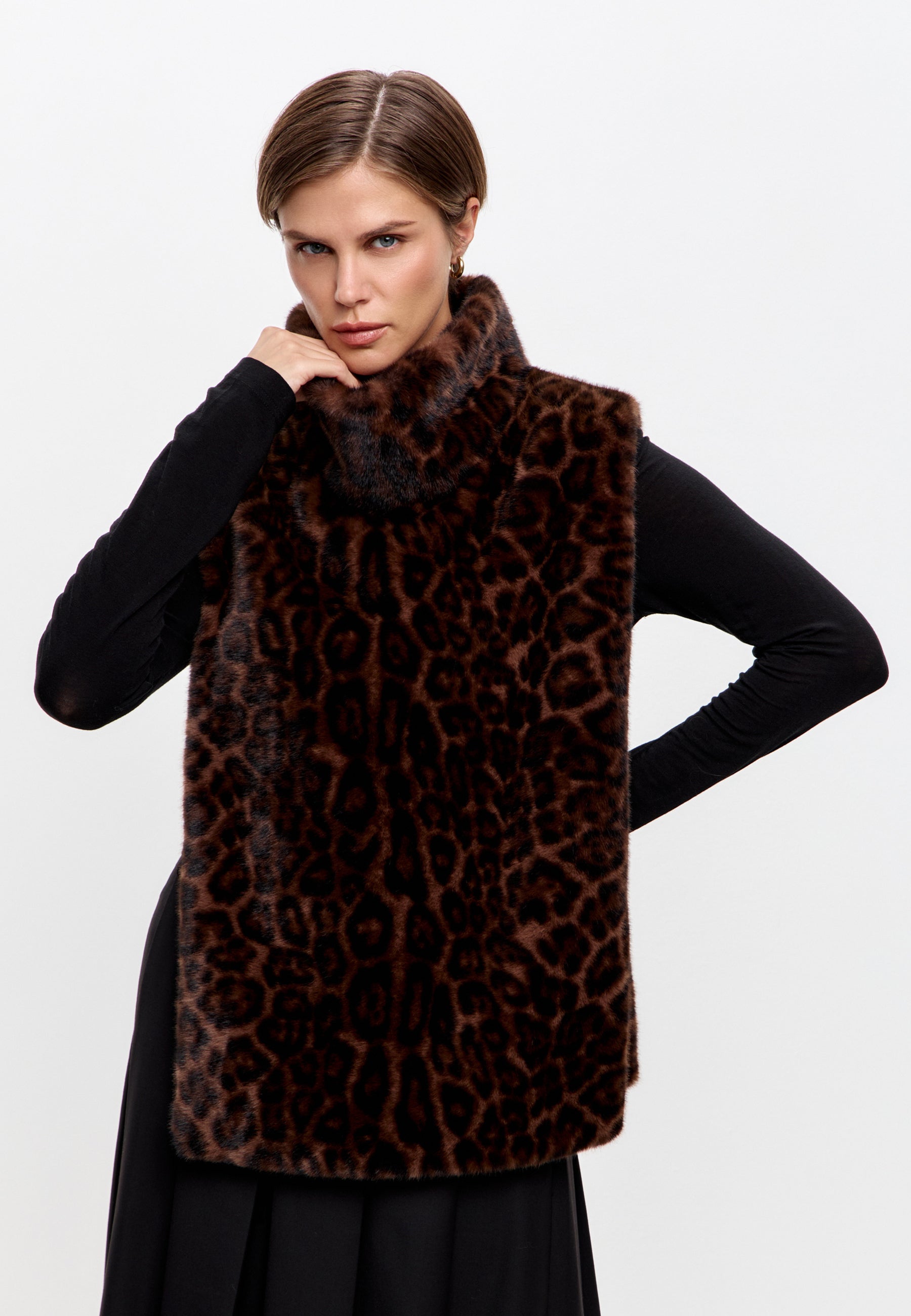 Bezrękawnik z kołnierzem z sztucznego futra – Brązowy leopard