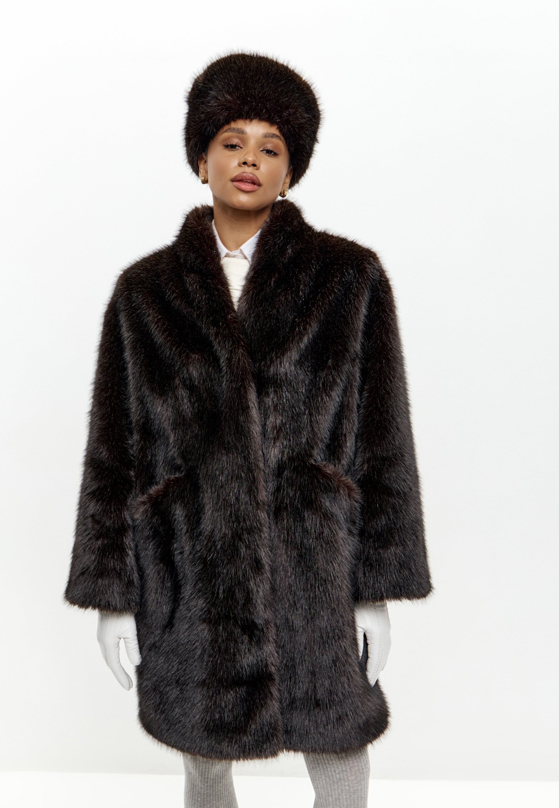 Dark Brown Faux Fur Coat – Long Luxury Winter Jacket
