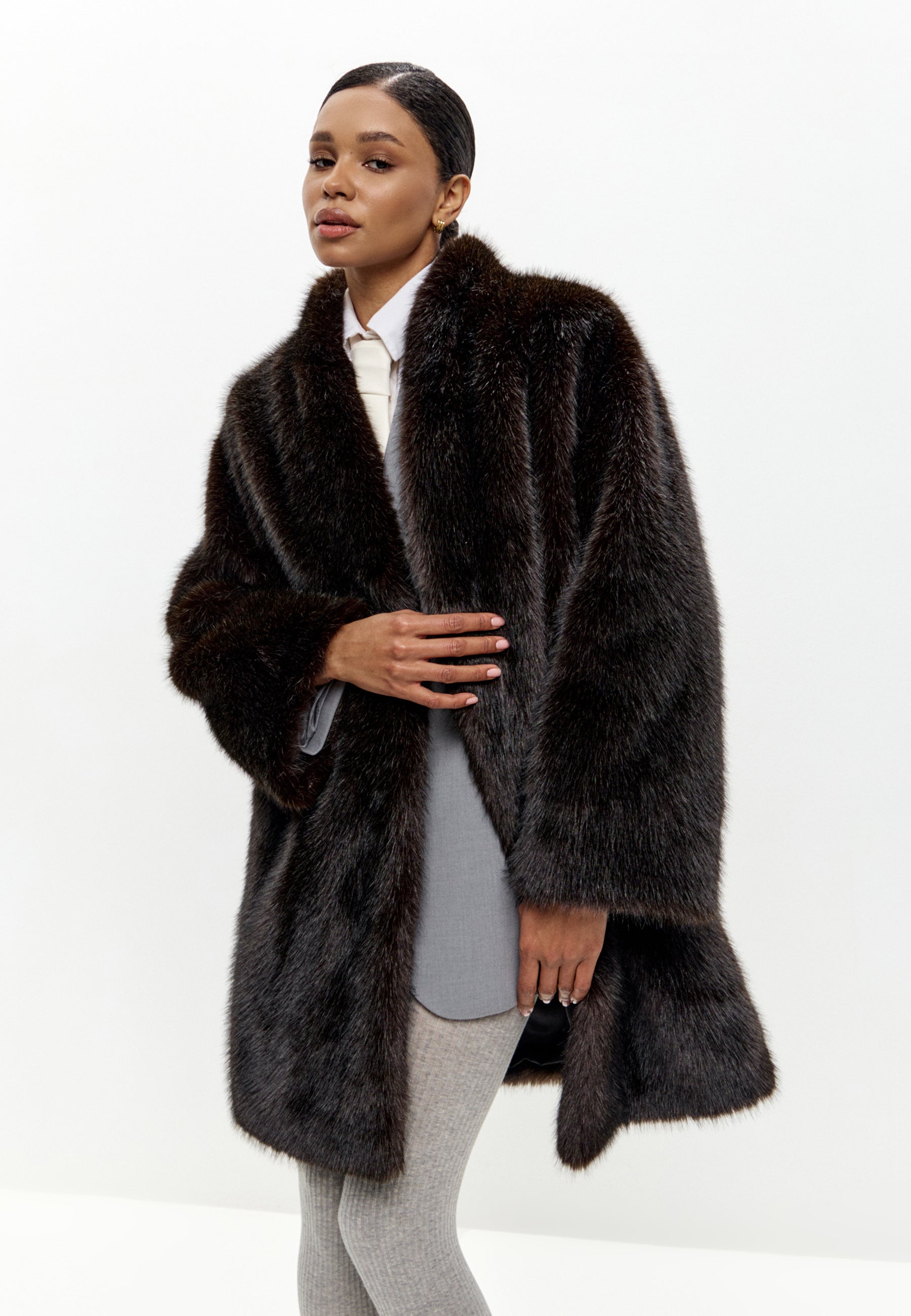 Dark Brown Faux Fur Coat – Long Luxury Winter Jacket