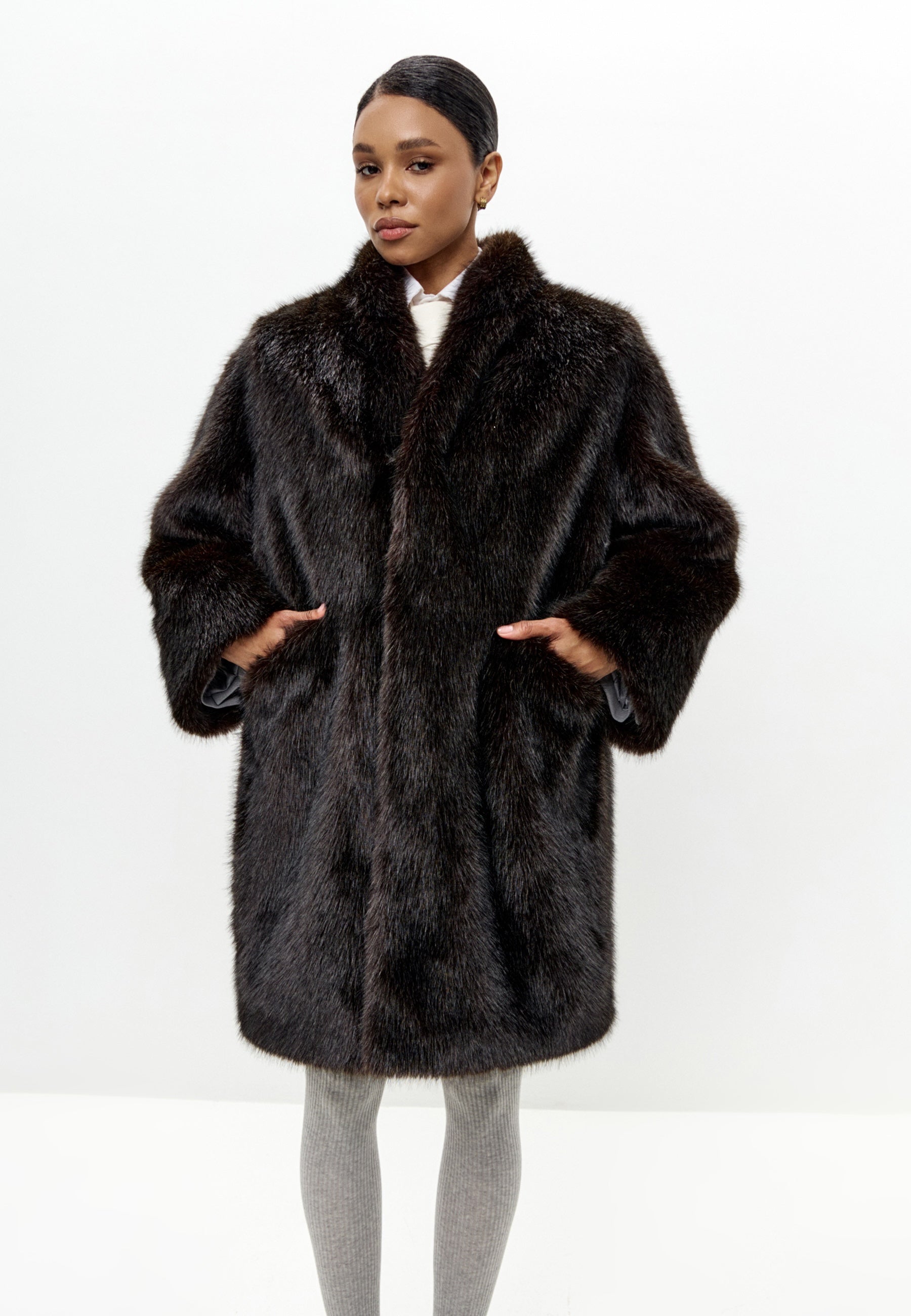 Dark Brown Faux Fur Coat – Long Luxury Winter Jacket