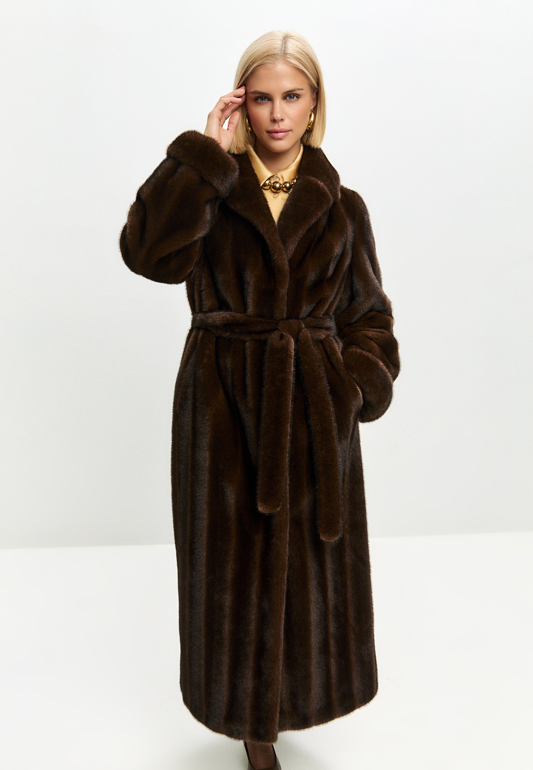 Dark Brown Maxi Faux Fur Coat – Belted Luxury Winter Statement