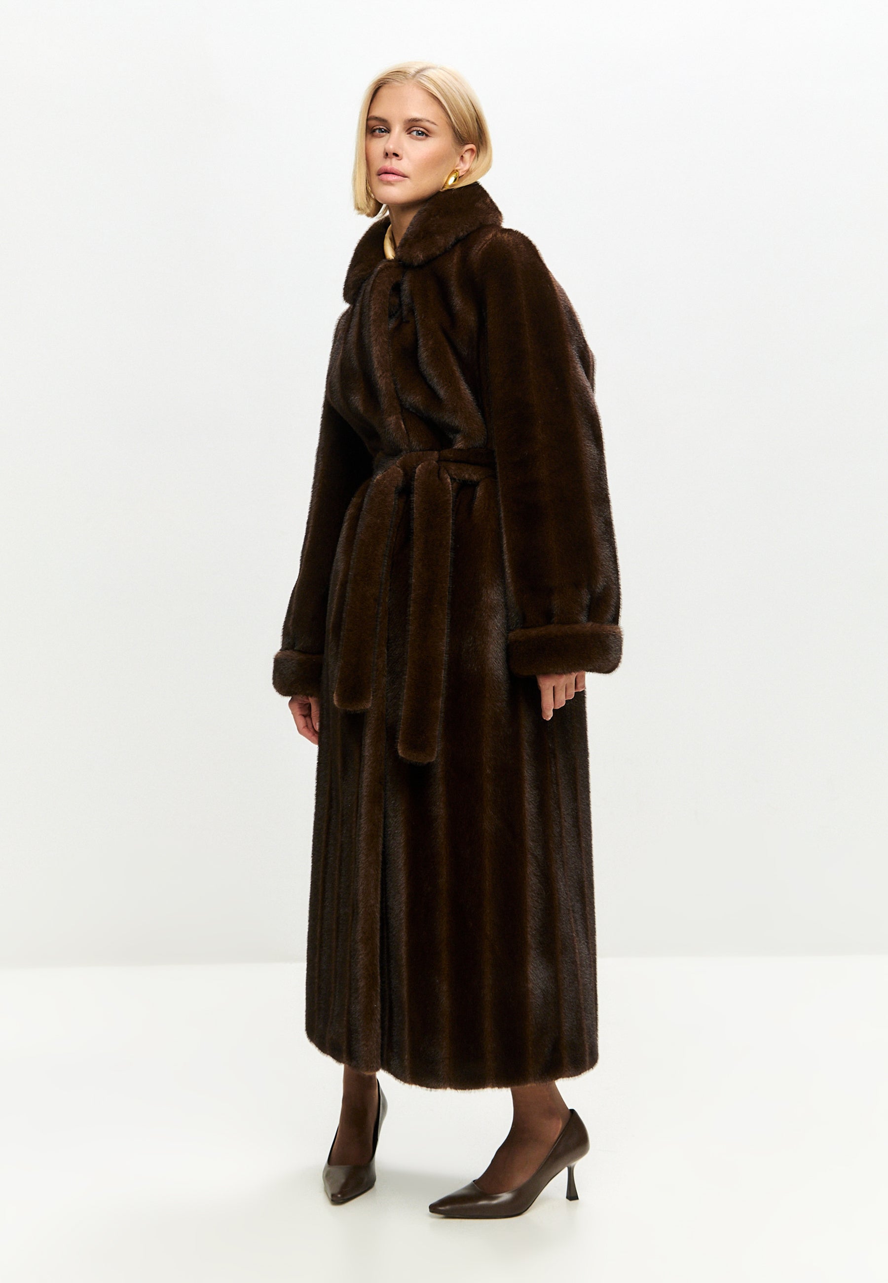 Dark Brown Maxi Faux Fur Coat – Belted Luxury Winter Statement