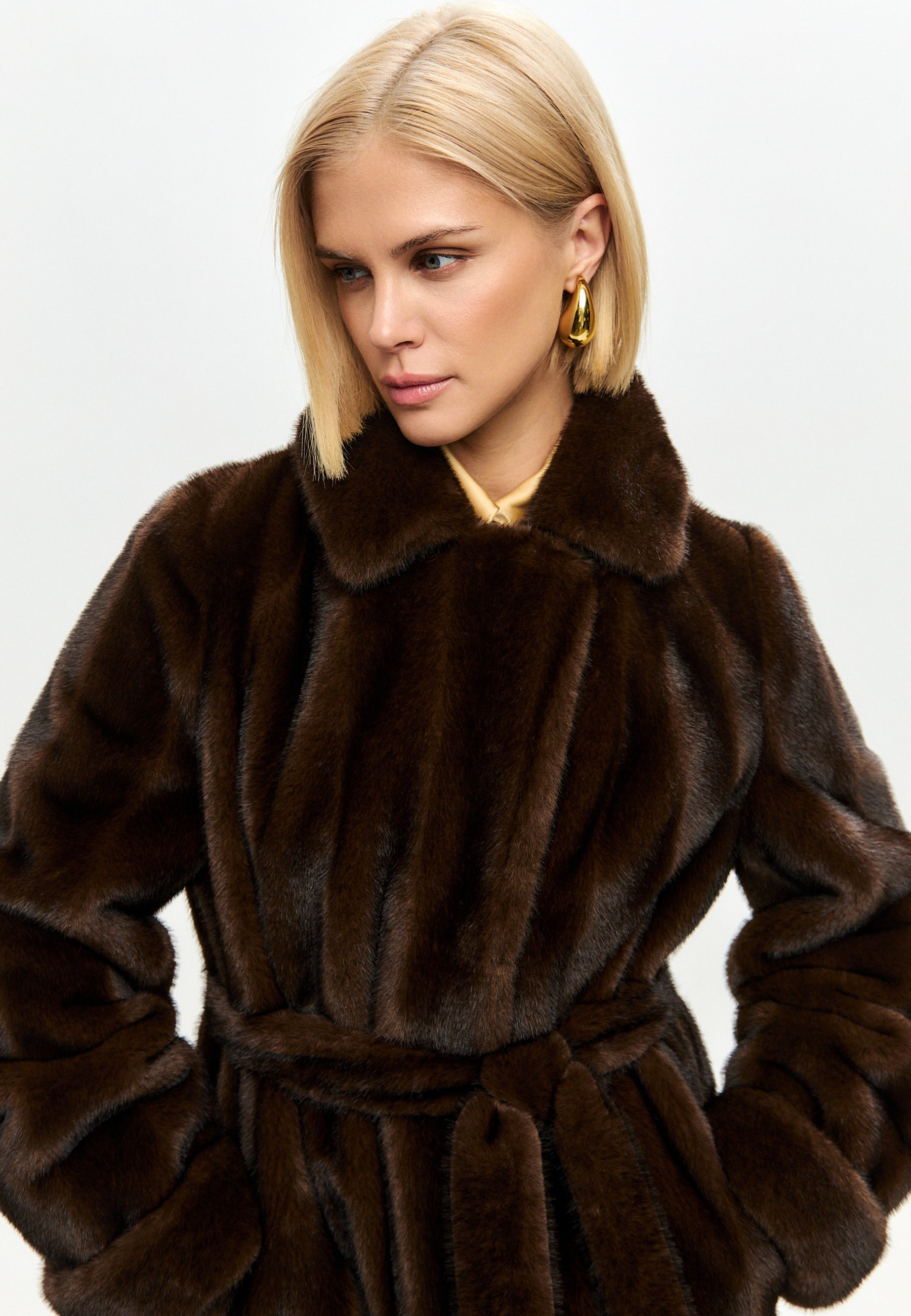 Dark Brown Maxi Faux Fur Coat – Belted Luxury Winter Statement
