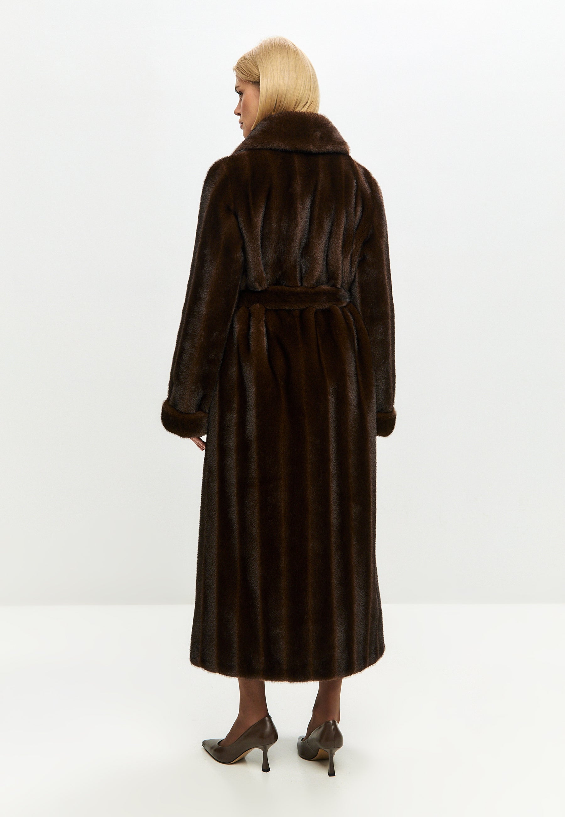 Dark Brown Maxi Faux Fur Coat – Belted Luxury Winter Statement