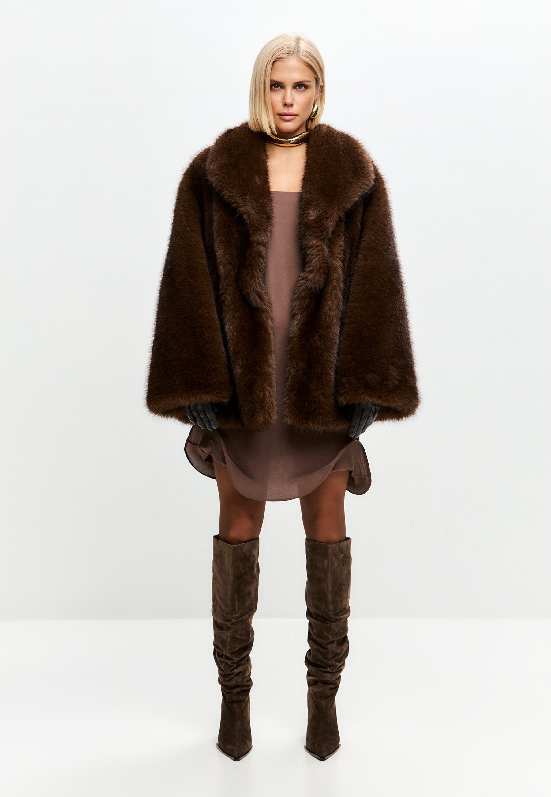 Chocolate Brown Faux Fur Coat – Oversized Luxury Winter Jacket