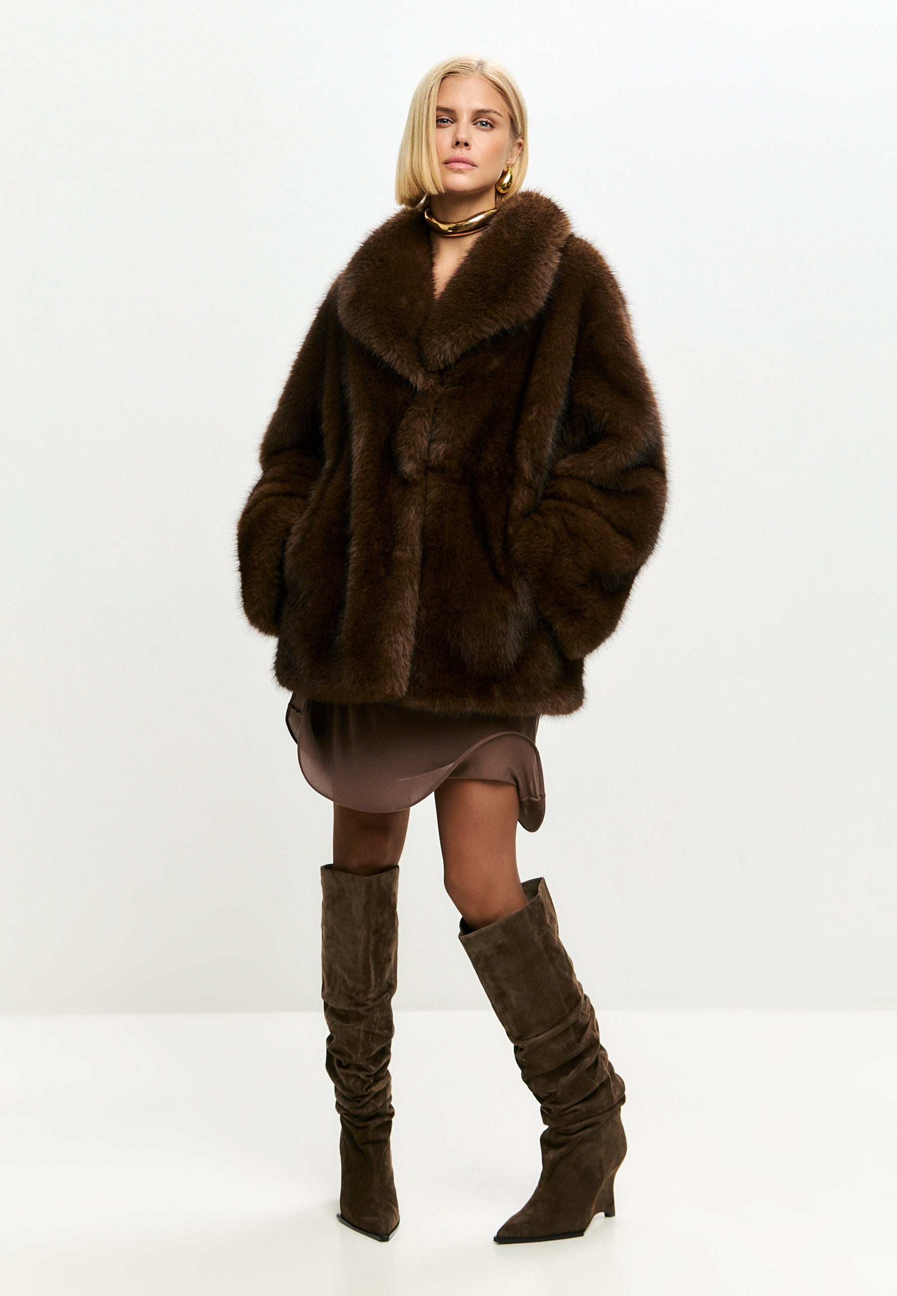 Chocolate Brown Faux Fur Coat – Oversized Luxury Winter Jacket