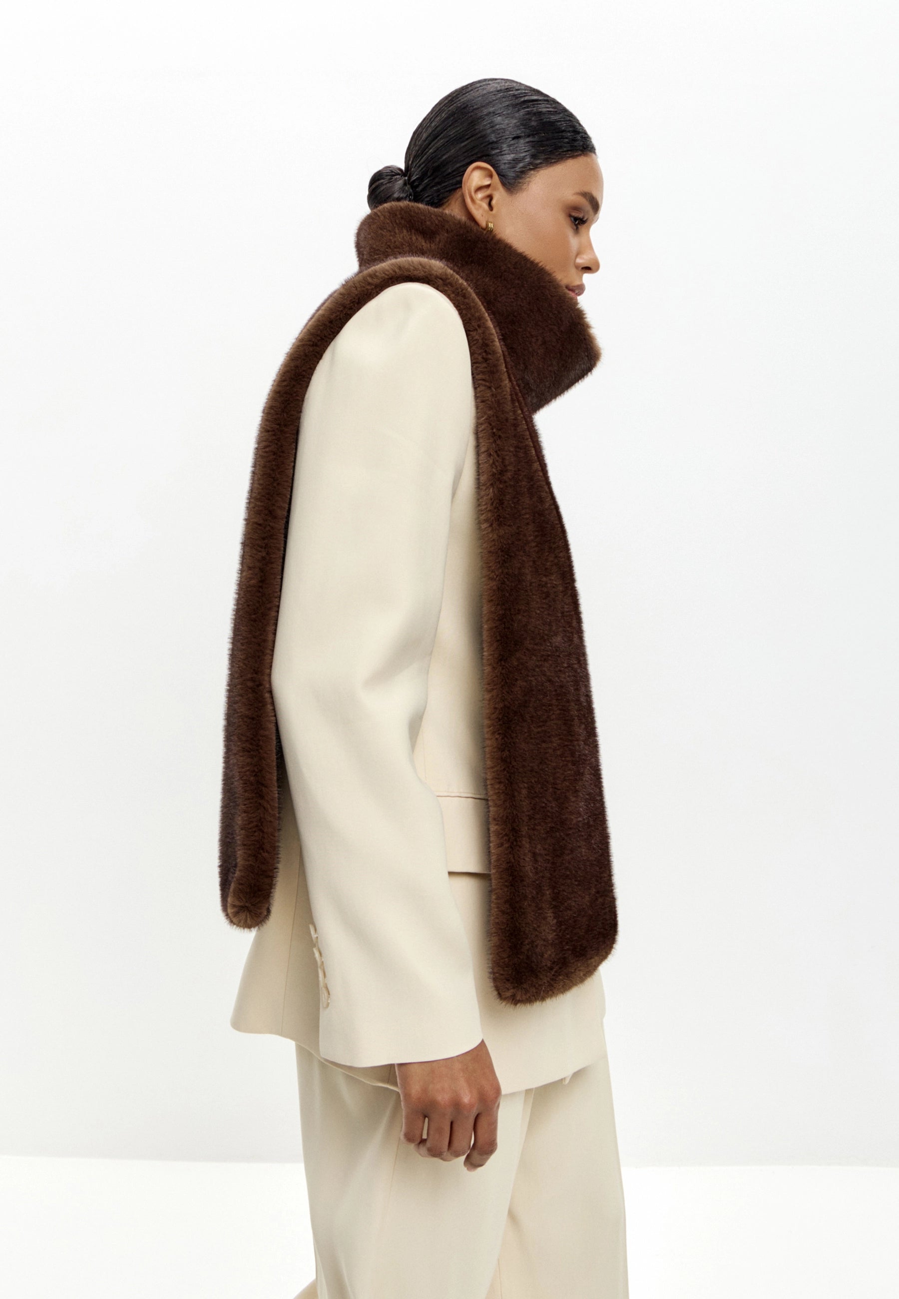 Faux Fur Sleeveless Sculpted Top with Collar – Dark Brown