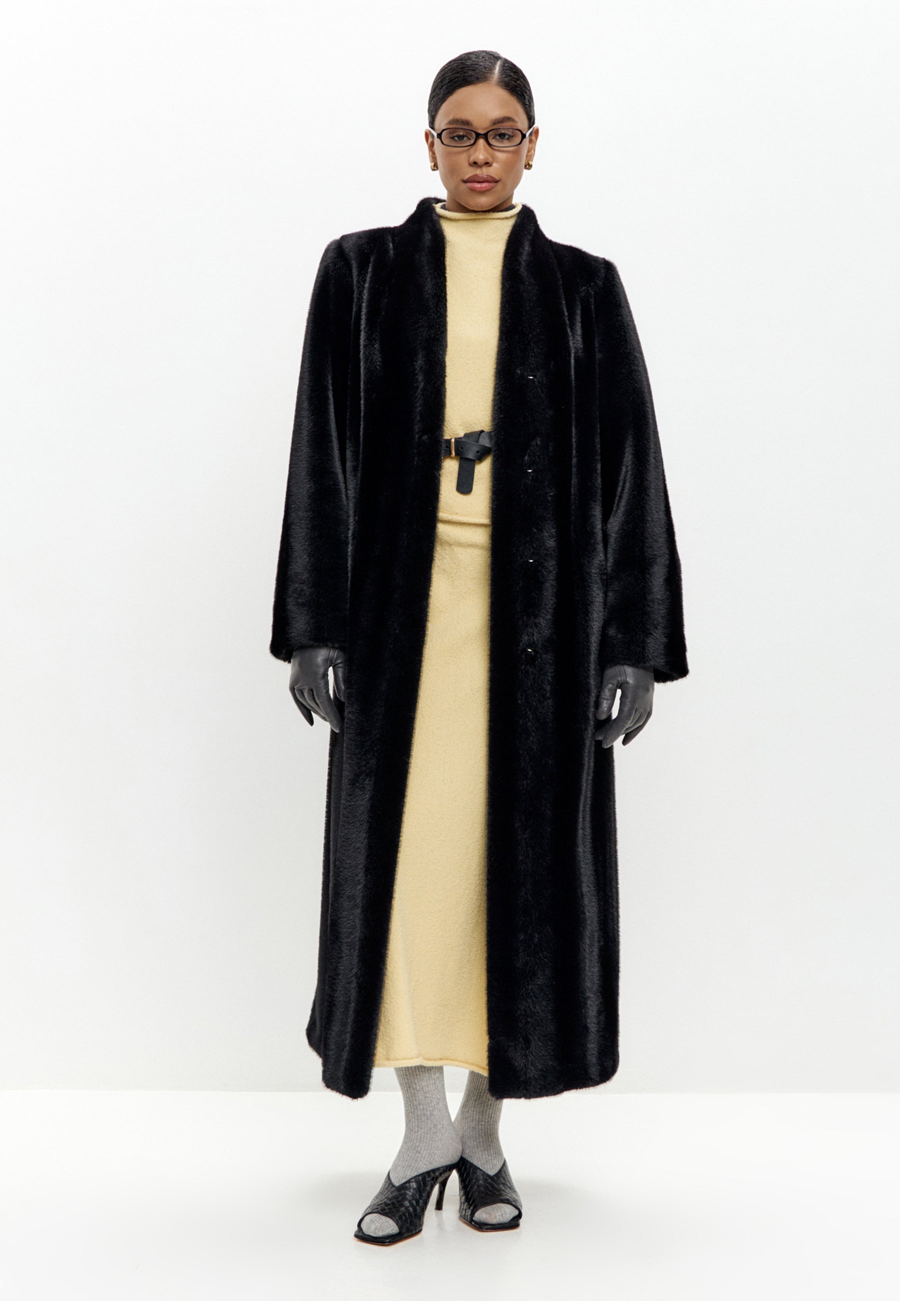Full-Length Belted Faux Fur Coat – Black