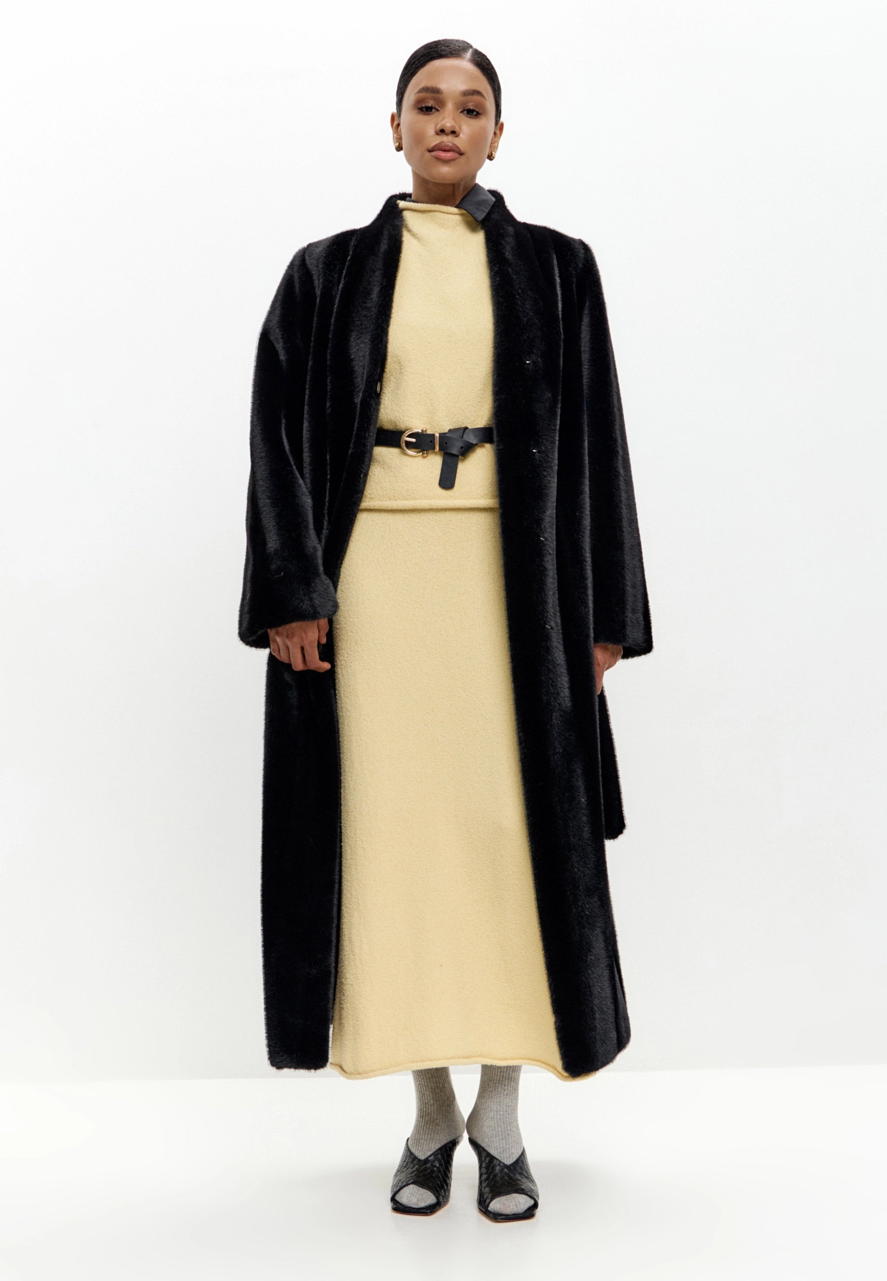 Full-Length Belted Faux Fur Coat – Black