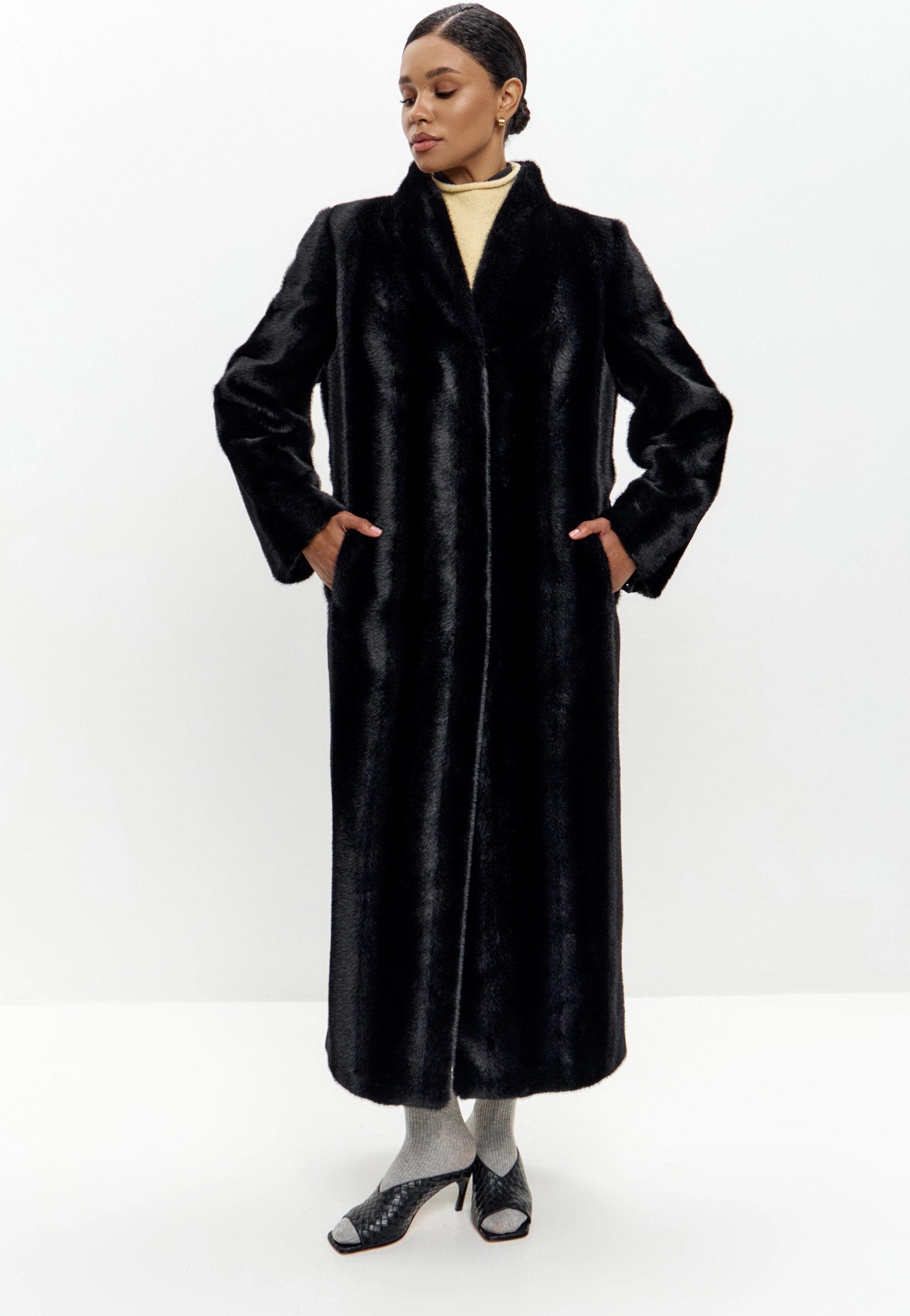 Full-Length Belted Faux Fur Coat – Black