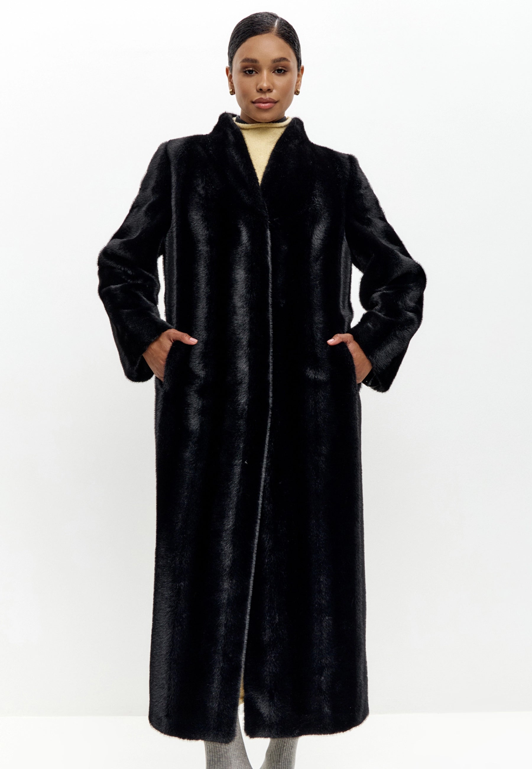 Full-Length Belted Faux Fur Coat – Black