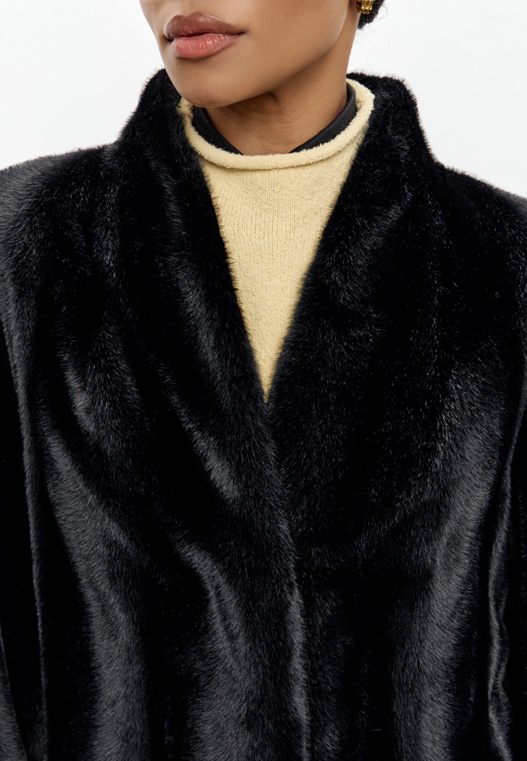 Full-Length Belted Faux Fur Coat – Black
