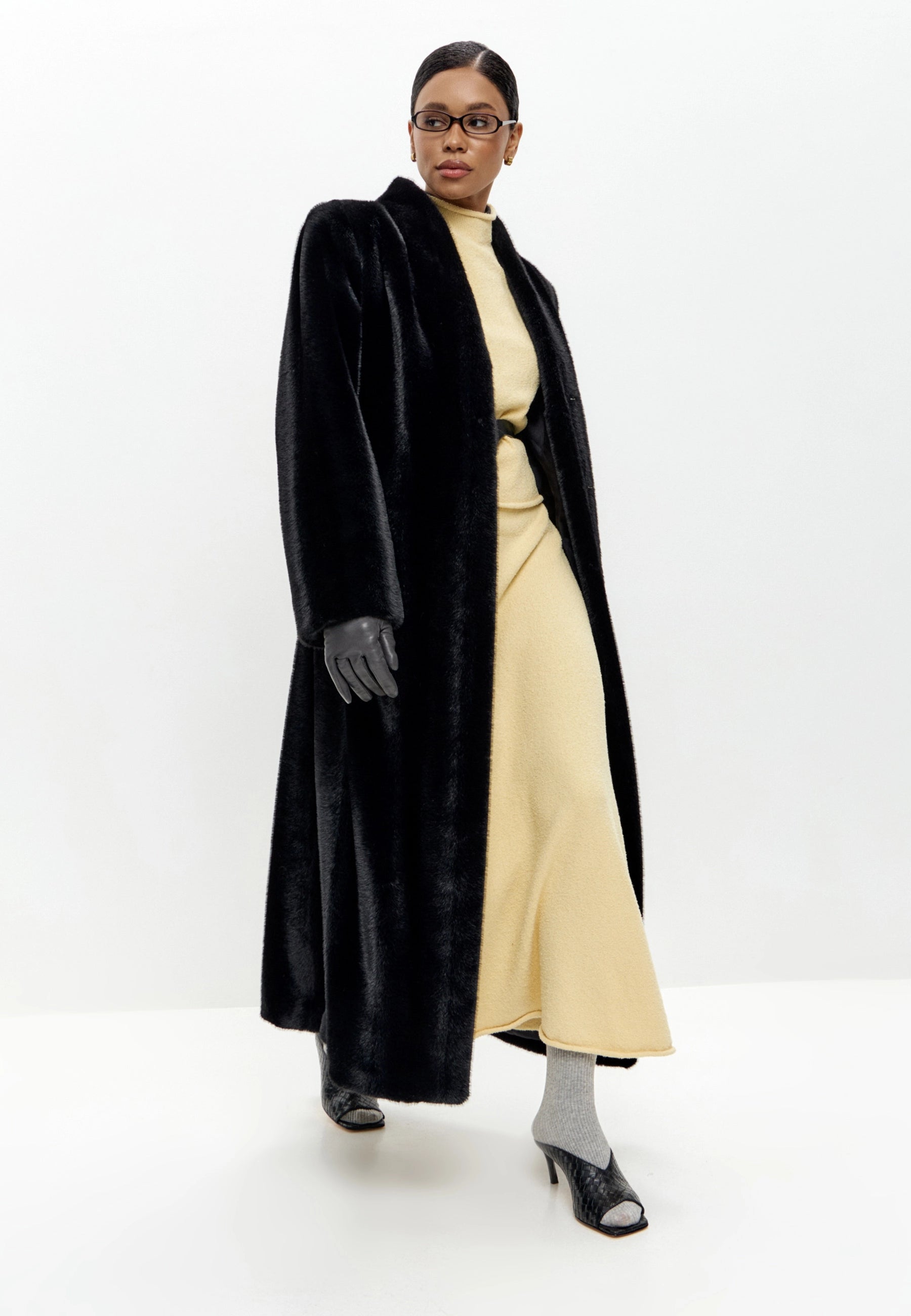 Full-Length Belted Faux Fur Coat – Black