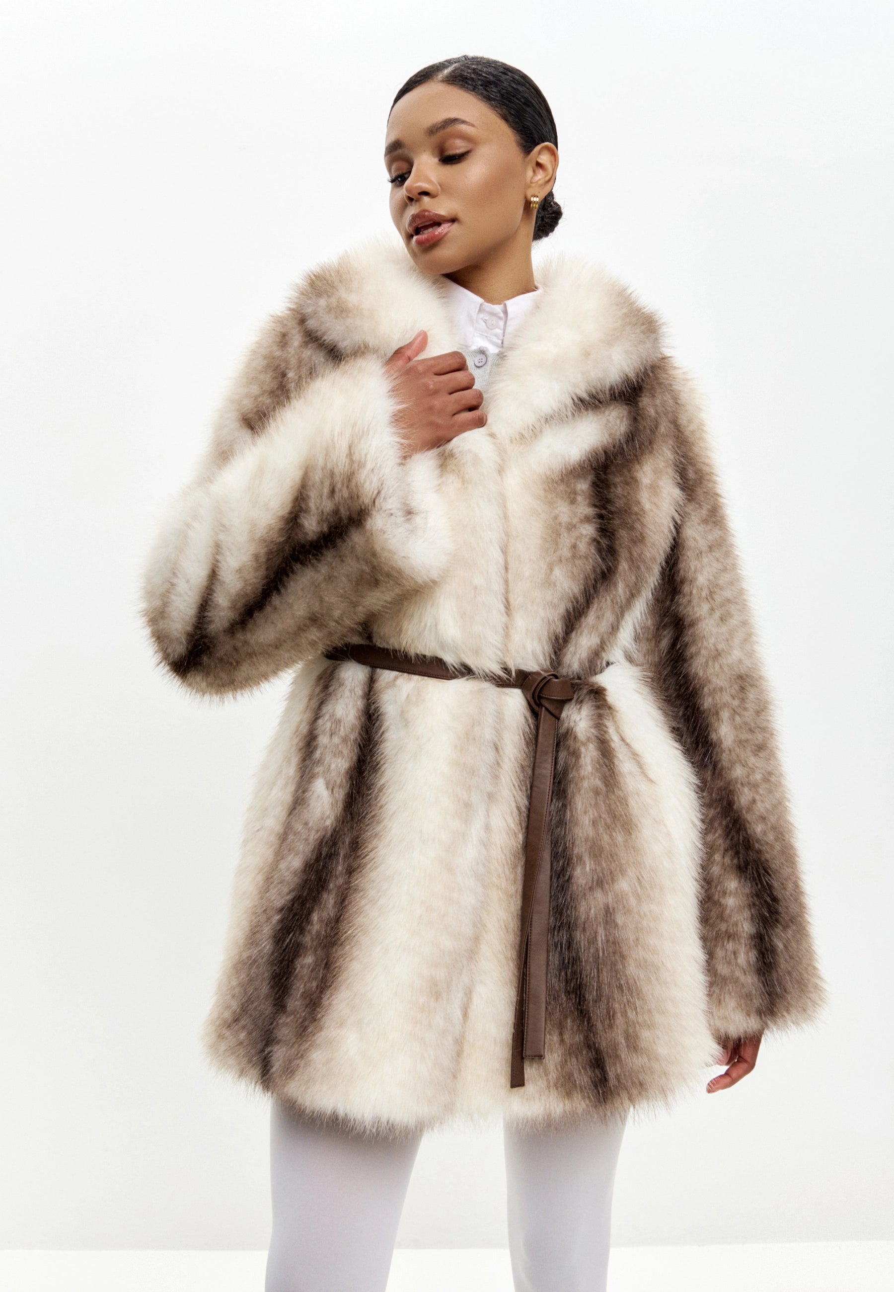Striped Faux Fur Coat with Wide Collar – Beige