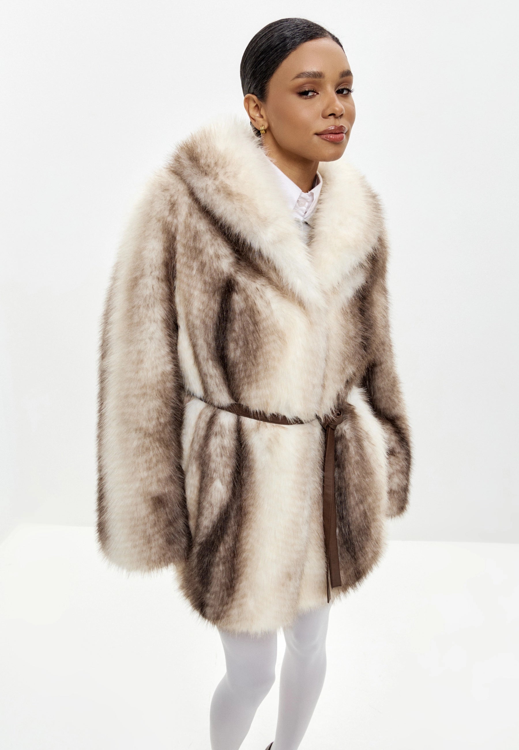Striped Faux Fur Coat with Wide Collar – Beige
