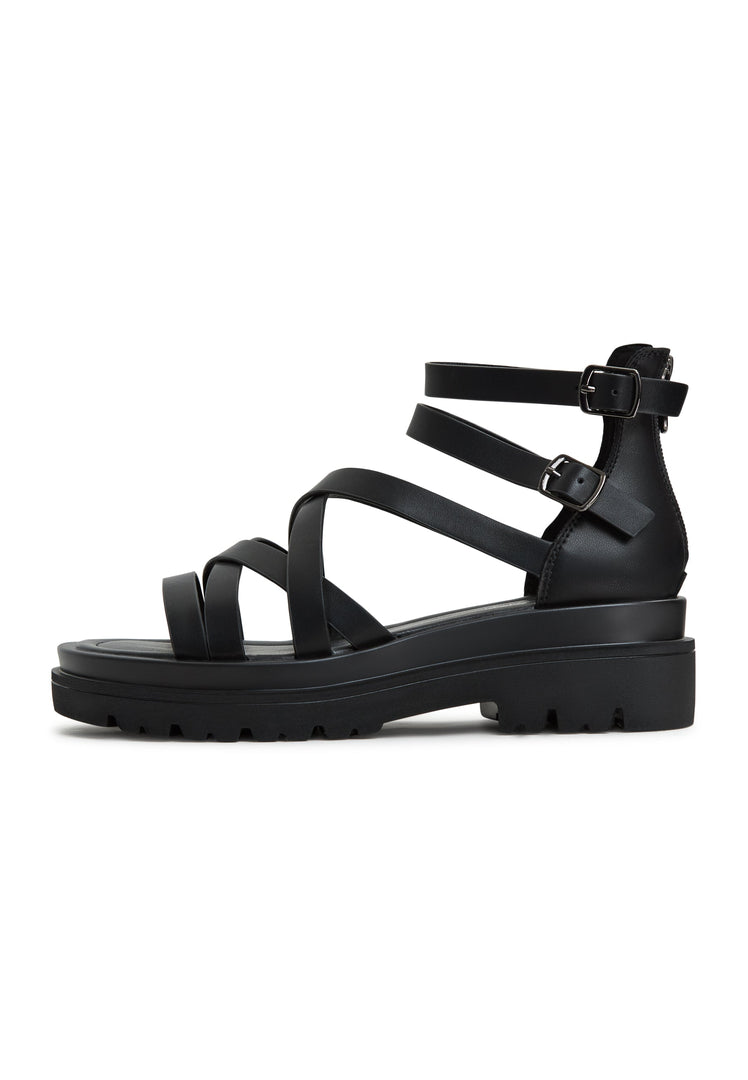 Platform Sandals Tatiana Black featuring an edgy design with sturdy straps and buckle details, perfect for a modern look. Ideal for those looking to buy Tatiana Black Platform Sandals.