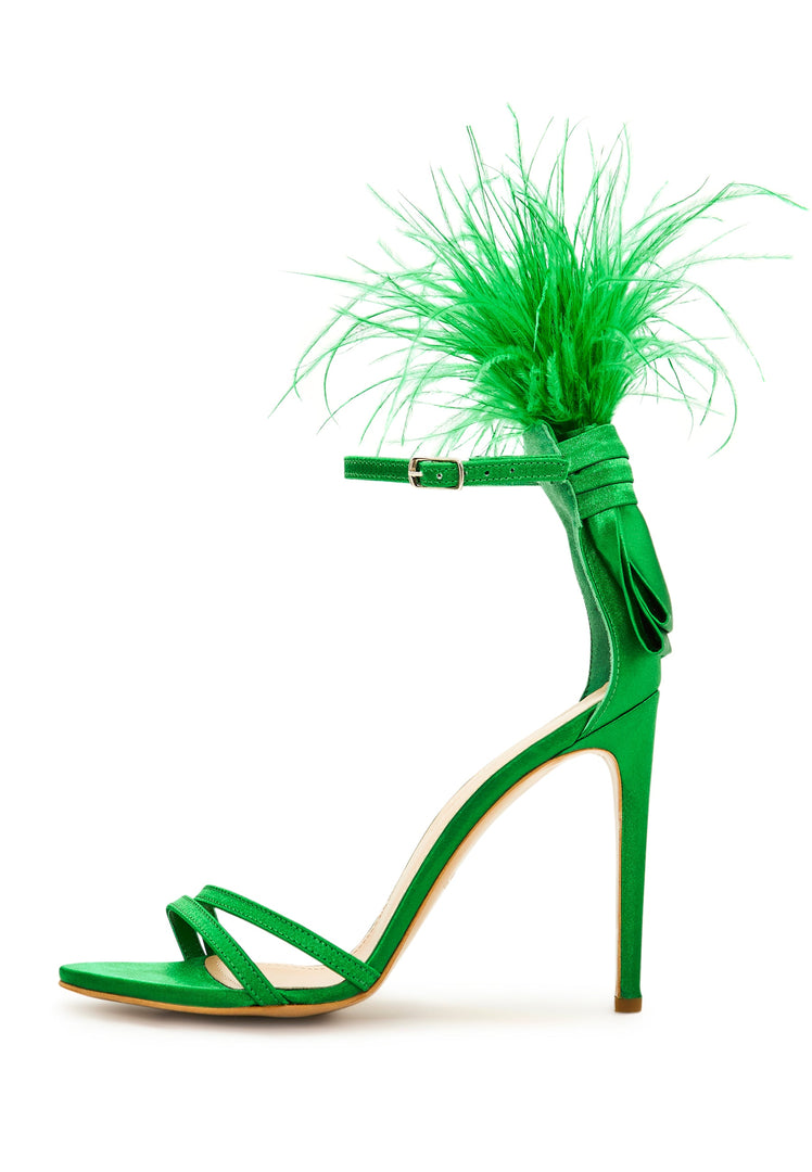 Sandalias de tacón alto con tira al tobillo y plumas – Verde