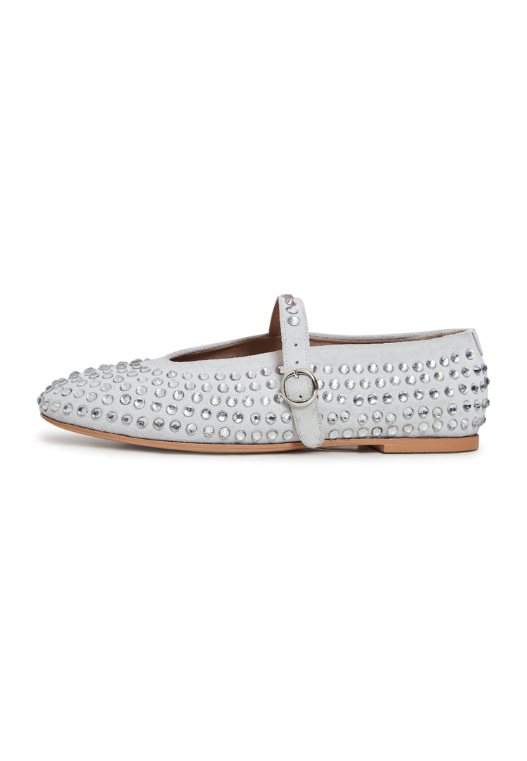 A close-up image of sparkling silver leather women's rhinestone ballerina flats, perfect for adding a touch of elegance and flair to any outfit.