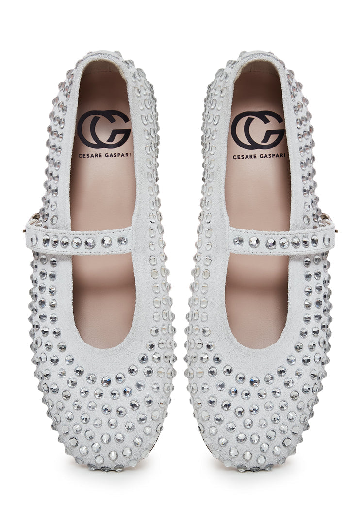 A stylish pair of silver leather rhinestone ballerinas perfect for glamorous women's fashion.