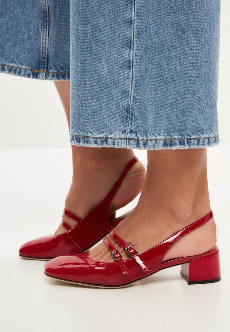 A bold pair of red slingback block heels by Pumps Mar y Sol, the perfect choice for fashion-forward women's pumps and stylish fashion footwear.