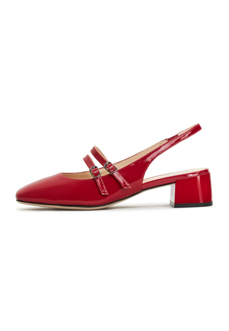 A stylish pair of red slingback block heels, women's pumps by Mar y Sol, perfect for fashion-forward footwear lovers.