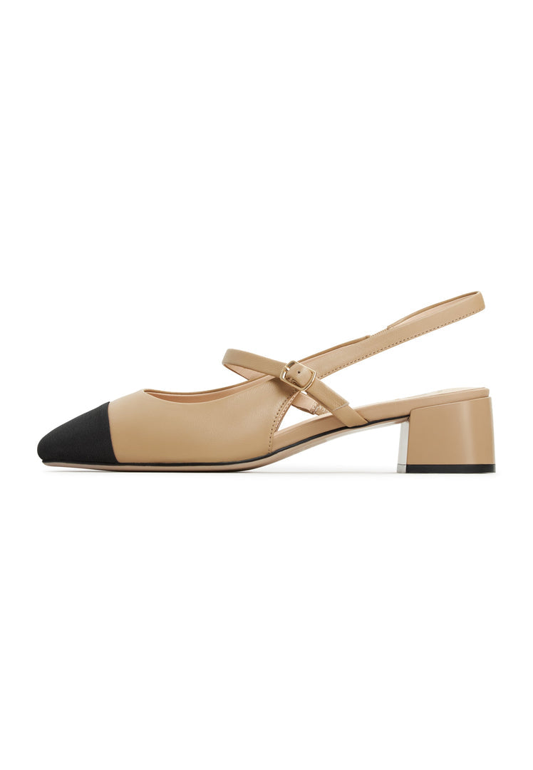 Pair of trendy Marisol beige slingback block heel pumps for a chic and elegant look