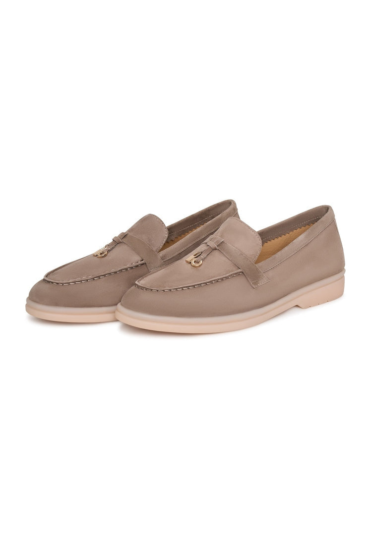 A pair of stylish women's fashion platform moccasins in dark beige by Aurelia shoes.
