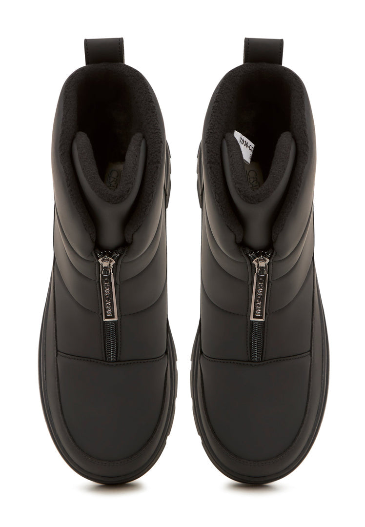 A pair of elegant black snow boots, perfect for the winter season, combining style and functionality.
