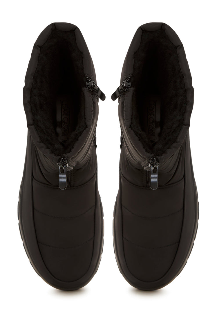 A chic and stylish pair of black snow boots, perfect for the winter season.