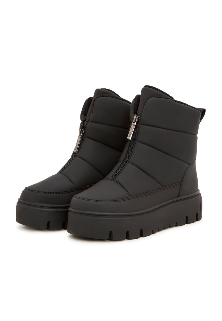 A stylish and elegant pair of black snow boots, perfect for winter fashionistas.
