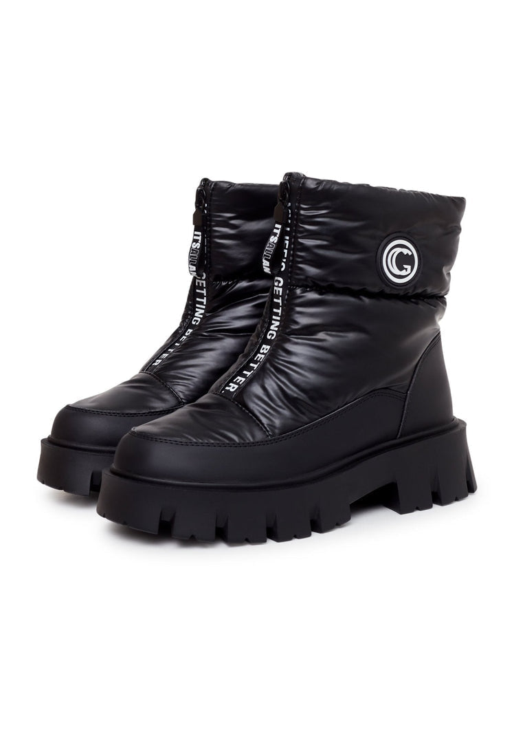 A pair of trendy black winter boots, perfect for staying cozy and chic in the cold weather. These stylish winter fashion footwear are a must-have for the season.