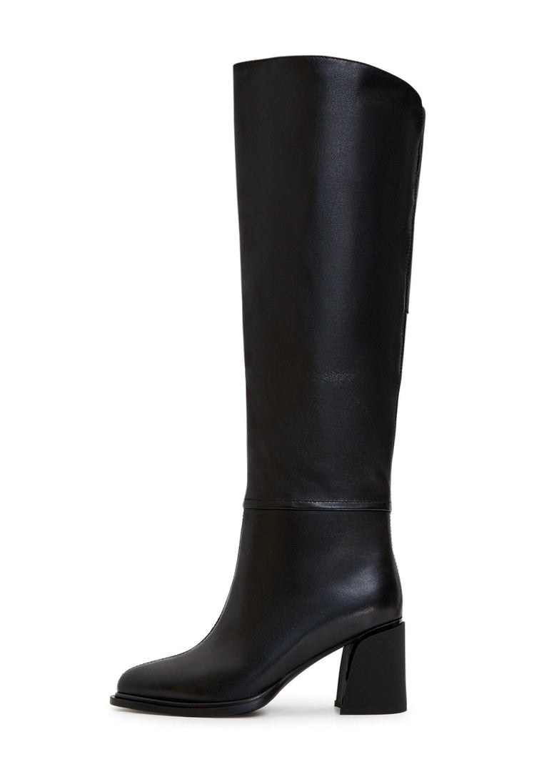 A stylish pair of black block heel boots, a classic choice for women's footwear, showcasing versatile black ankle boots with a sleek block heel design.
