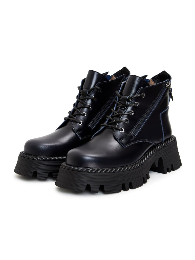 A pair of fashionable blue lace-up ankle boots, a stylish choice for any outfit.