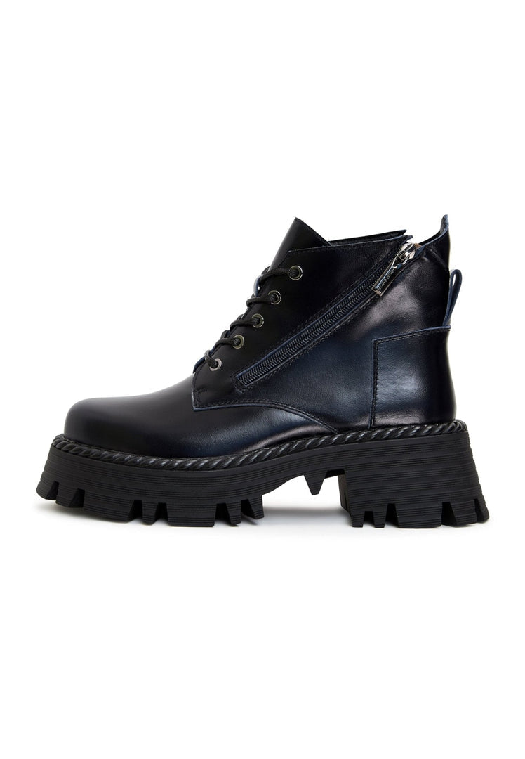 A pair of stylish lace-up ankle boots in a fashionable blue color.