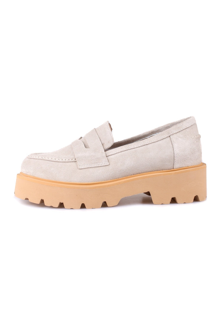 A stylish pair of men's slip-on suede loafers in beige, perfect for any occasion.