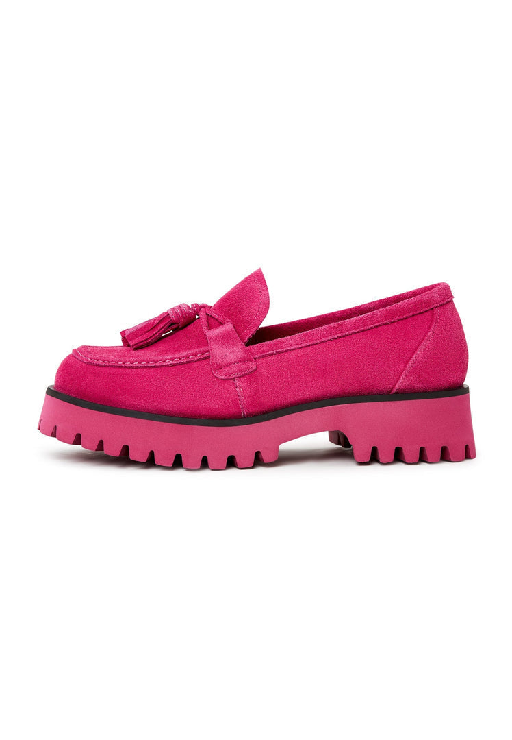 A stylish pair of fuchsia platform loafers designed by Ksenia, perfect for trendy women's footwear fashion.