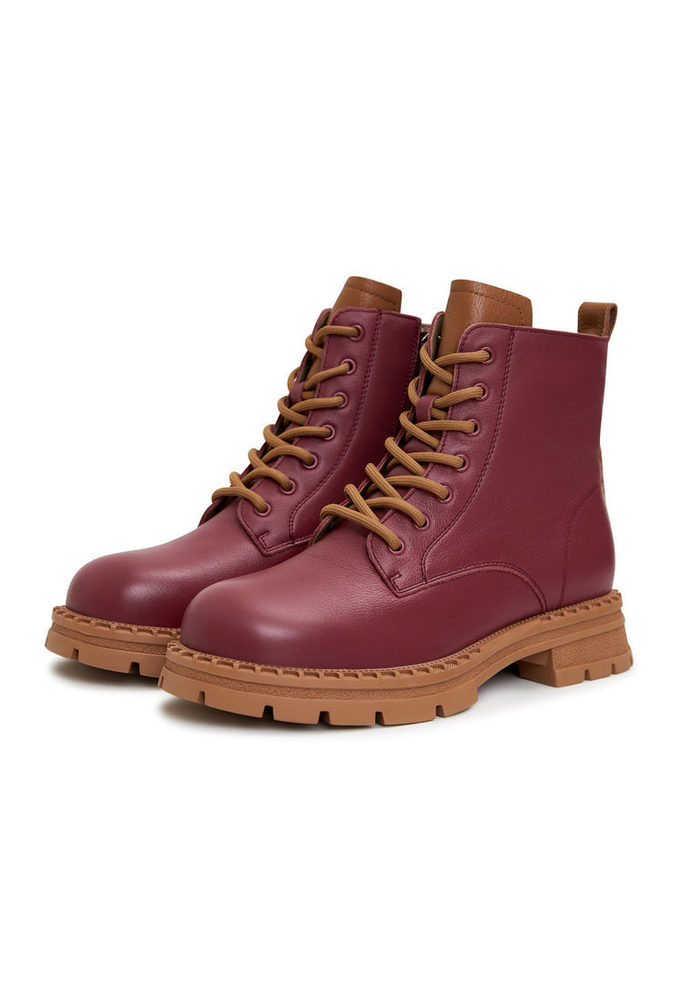 A stylish pair of women's Bordeaux leather lace-up ankle boots, ideal for fashionable footwear enthusiasts.