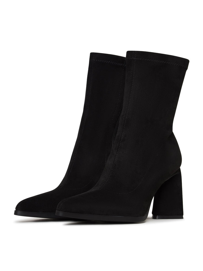 A stylish pair of black suede ankle boots with a block heel, perfect for casual wear.