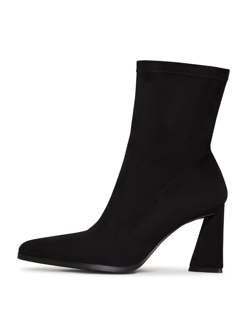 A pair of stylish black suede ankle boots with a comfortable block heel, perfect for casual wear.
