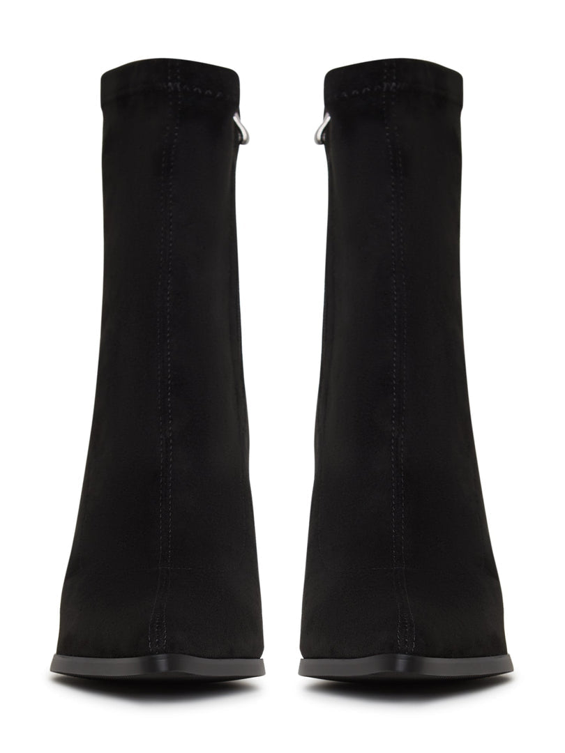 A stylish pair of black suede ankle boots with a trendy block heel, perfect for casual wear.