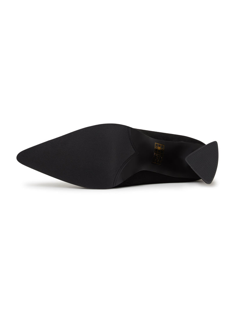 A stylish pair of black suede ankle boots with a block heel, perfect for casual wear.