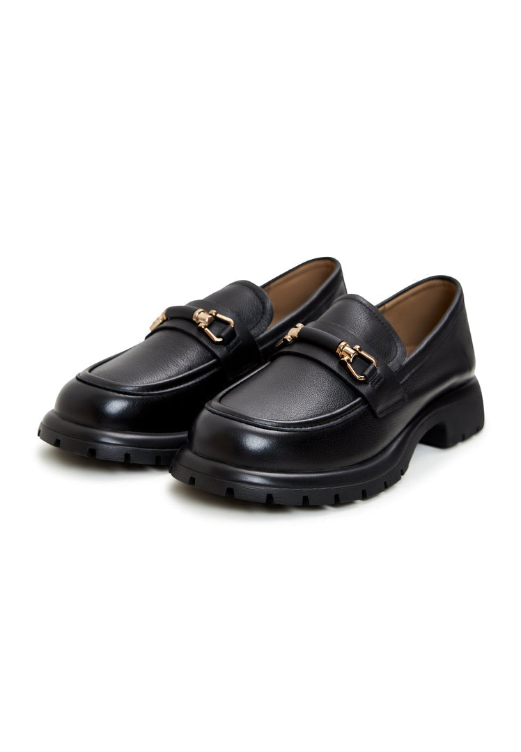 A stylish pair of black leather platform loafers, perfect for women who love slip-on shoes with a little extra height.