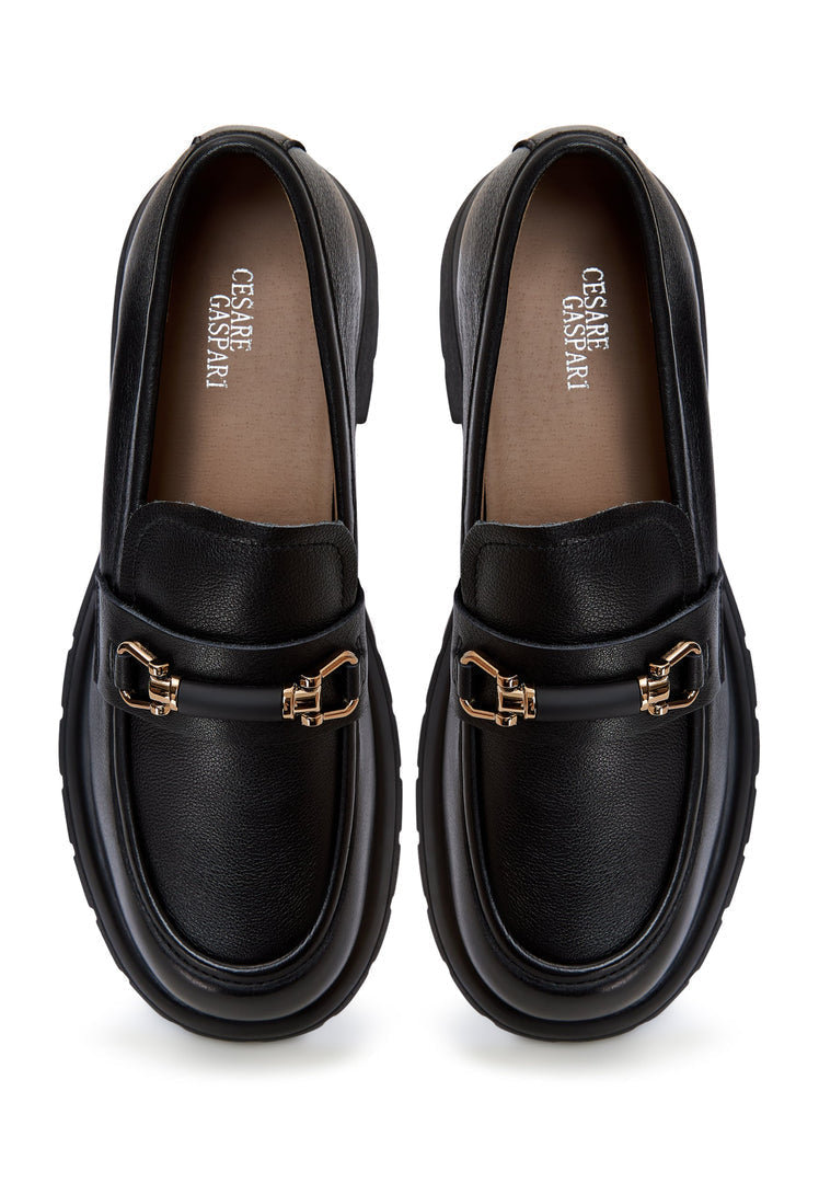 A stylish pair of black leather platform loafers, perfect for women's casual and formal outfits.
